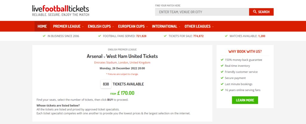 livefootballtickets.com チケット購入画面 試合選択
